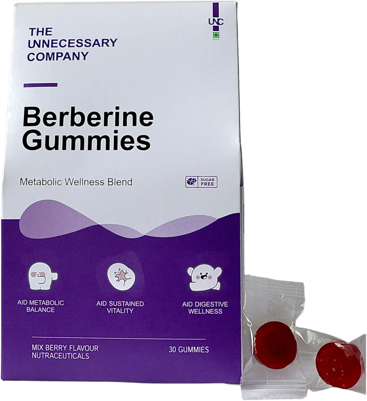 Berberine Gummies pack with two individually wrapped mix berry gummies